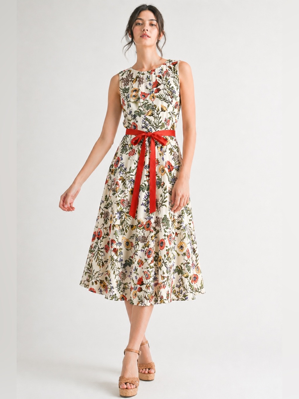 Nicole Miller Floral Midi Dress Ivory Orange Belt Fit & Flare 6 wedding guest